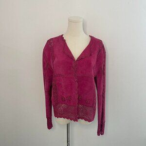 Vintage Magenta Suede Crochet LAce Jacket- Boho Y2K Romantic Style, Size Large
